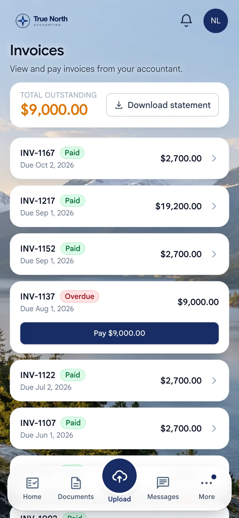 The same Client Center on a phone, with invoices to pay