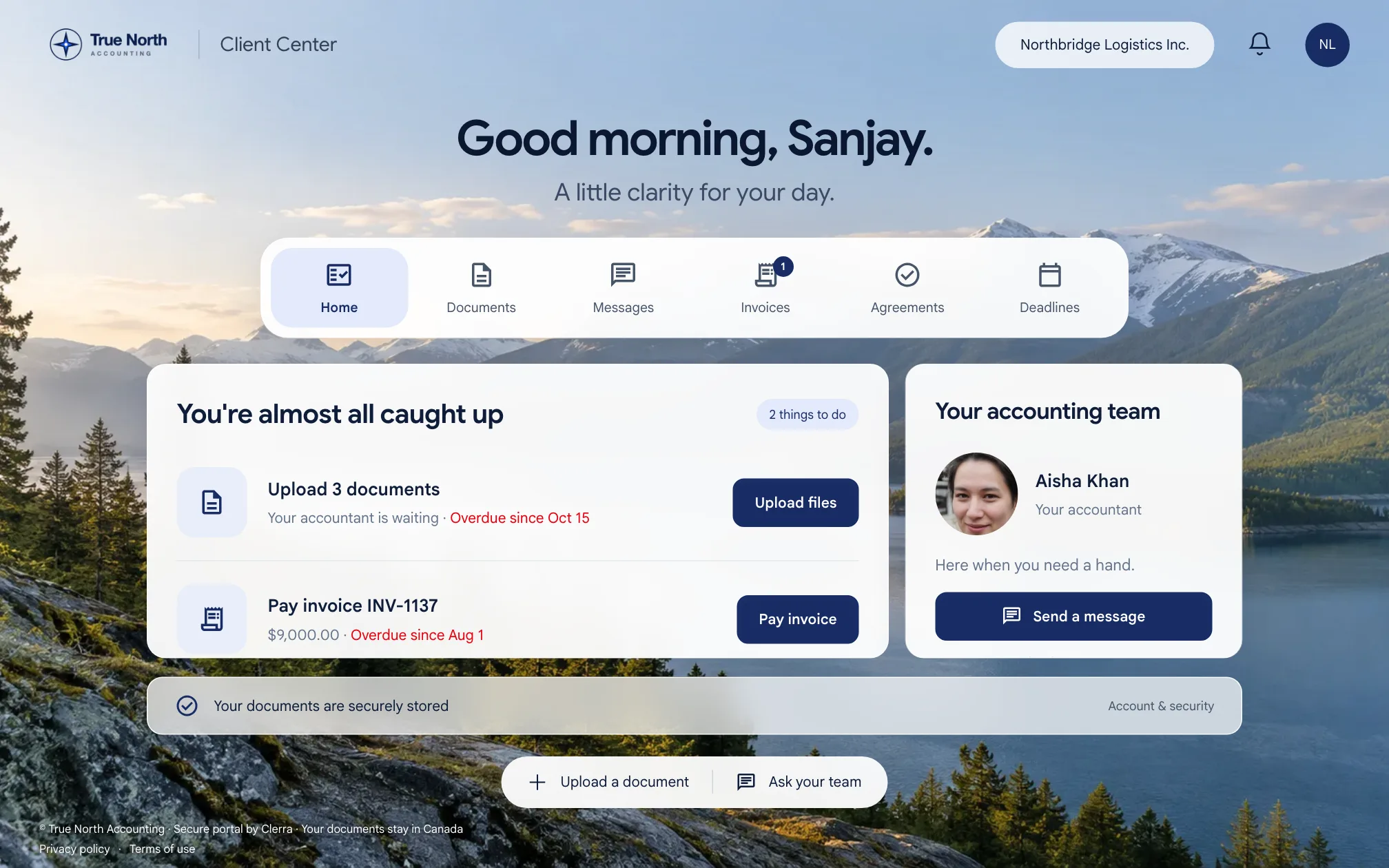 The Clerra Client Center on desktop, led by the firm's own logo